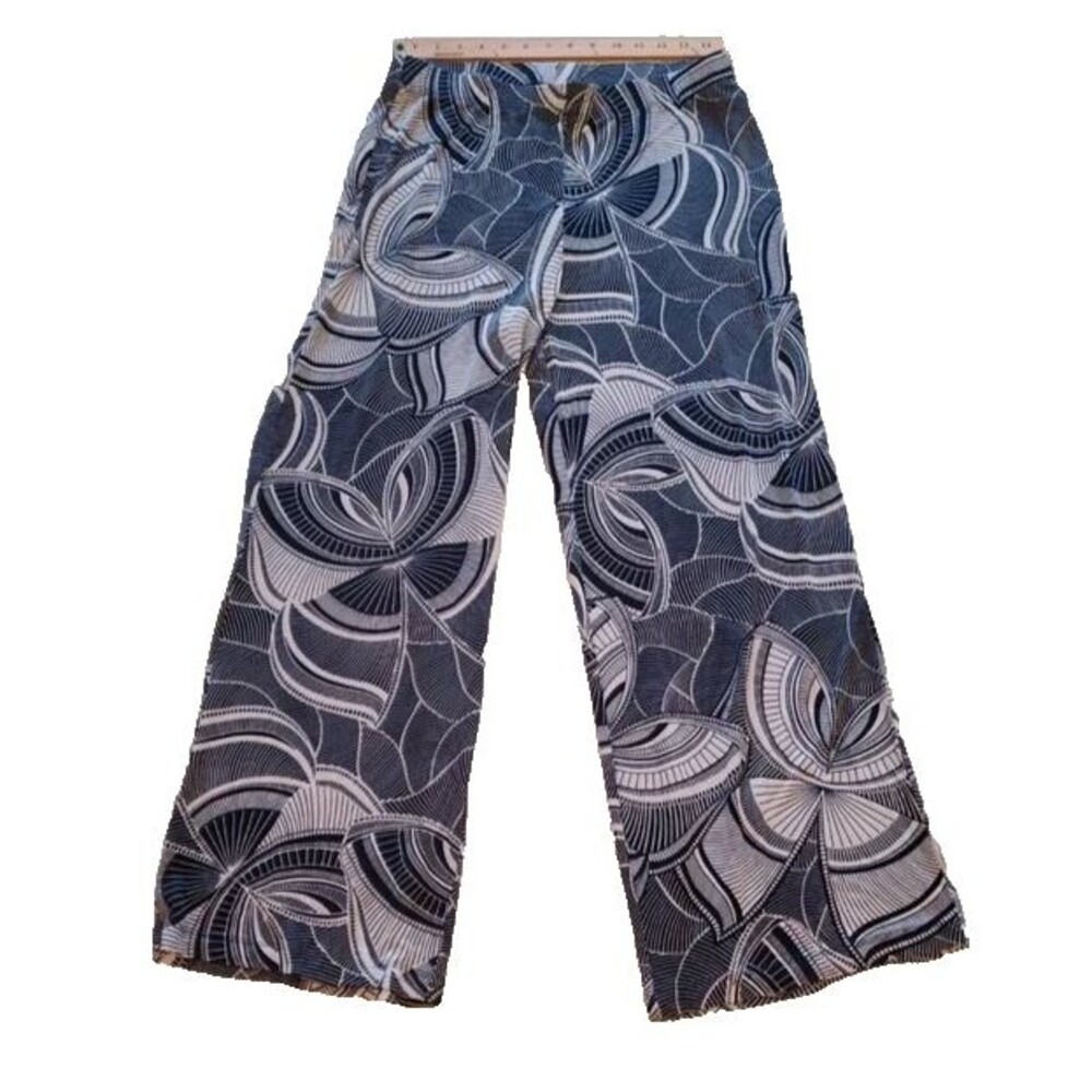 Chico’s Sz. 1 Travelers Pants Navy Beige Abstract Print Pull On Stretch Wide Leg